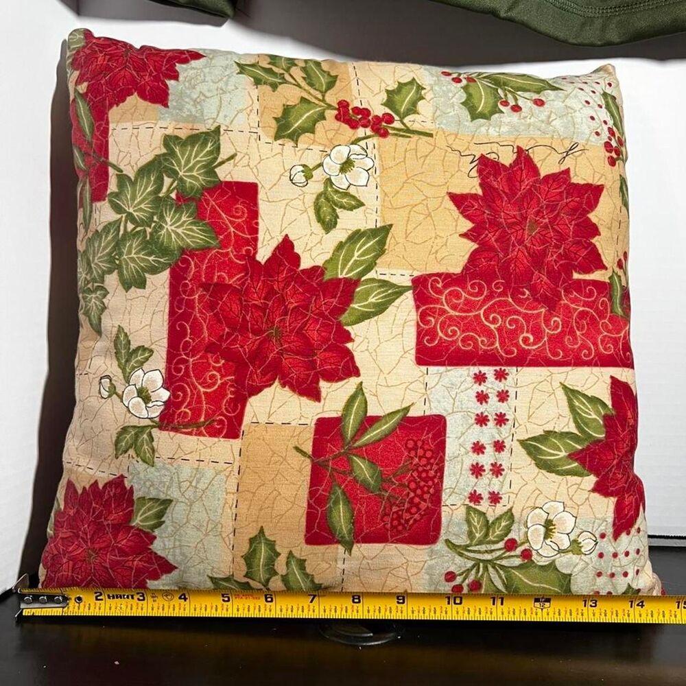 Vintage Christmas Poinsettia Accent Pillow Cream Red Green Botanical Print 14x14